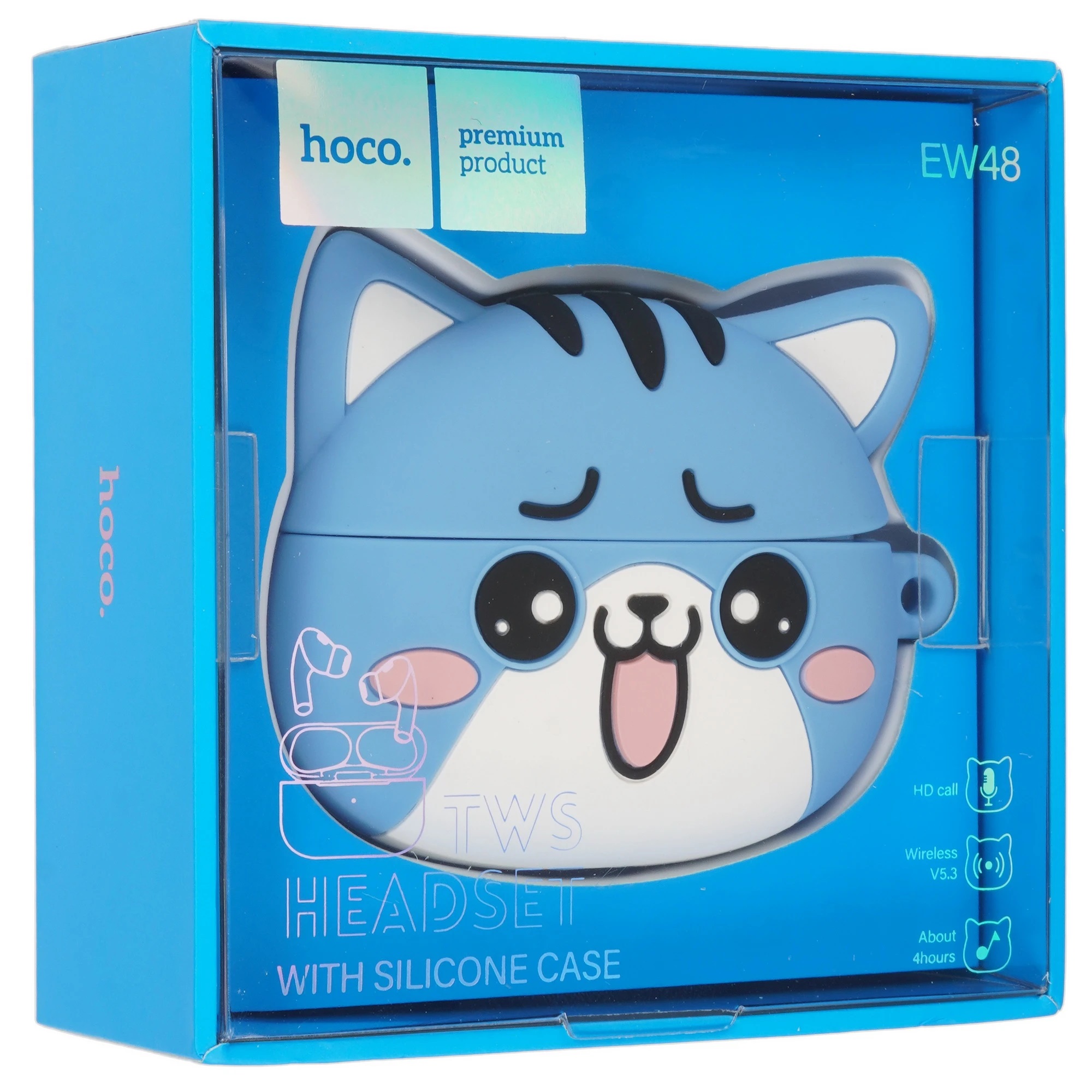 Гарнитура (наушники с микрофоном) беспроводная TWS HEADSET, HOCO EW48 Glacier Cat, с силиконовым футляром синий кот