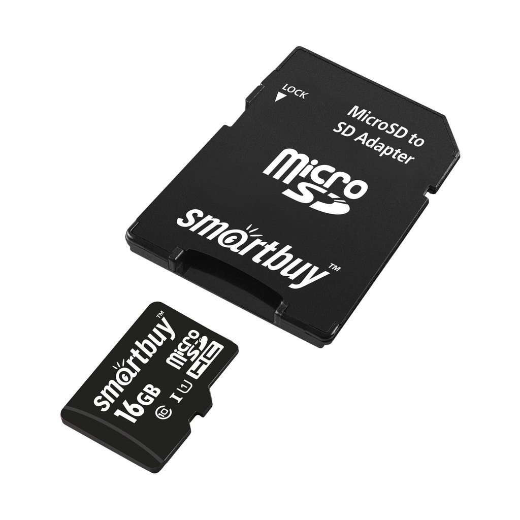 Карта памяти MicroSDHC 16GB SMARTBUY Class 10 UHS-I, SD адаптер, цвет черный
