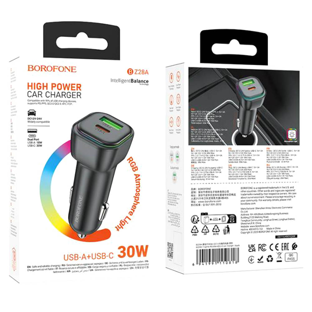 АЗУ (Автомобильное зарядное устройство) BOROFONE BZ28A Trophie, 30W, 1 USB Type C, PD30W, цвет черный
