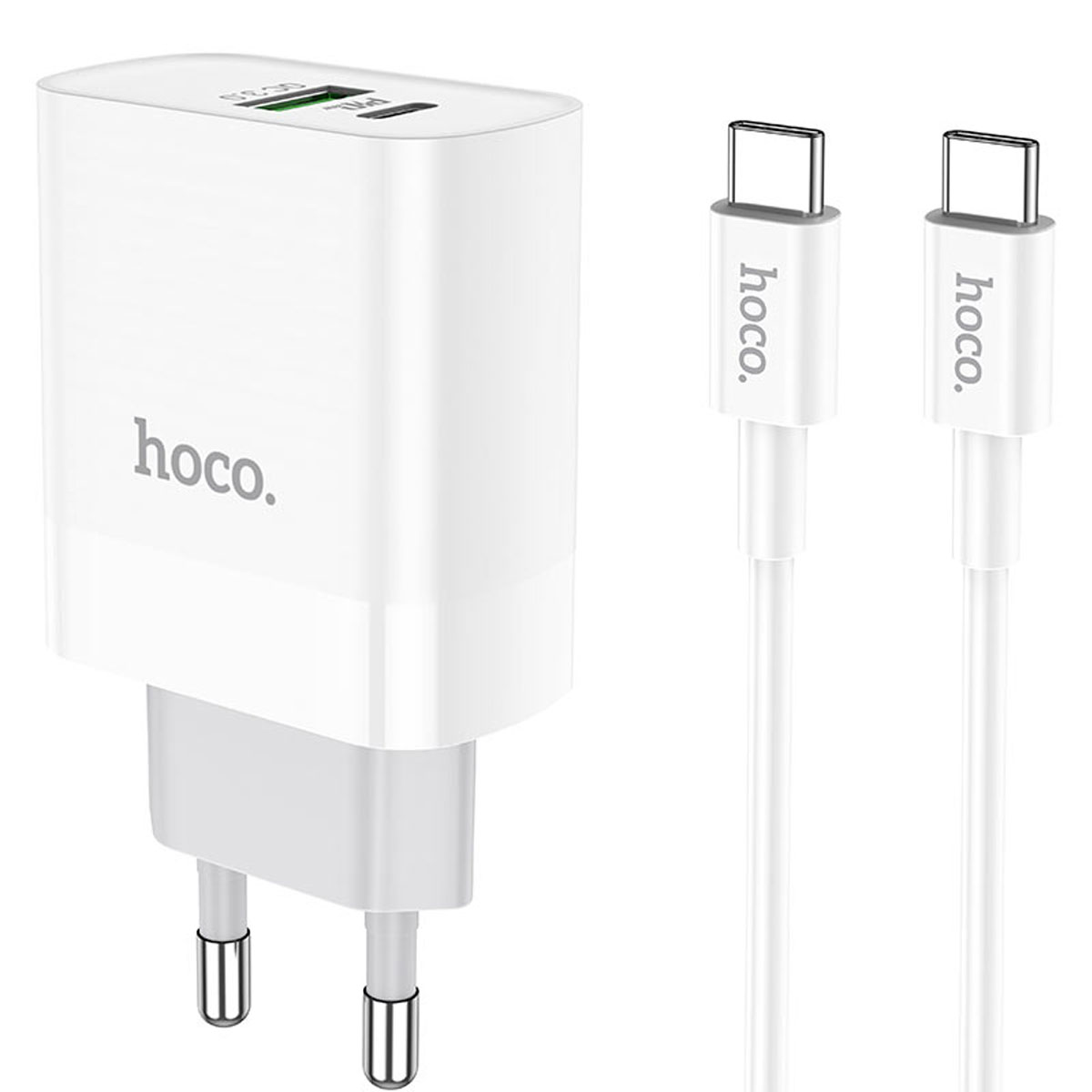 СЗУ (Сетевое зарядное устройство) HOCO C80A Rapido с кабелем USB Type C на USB Type C, 20W, 1 USB Type C, 1 USB, QC3.0, PD20W, длина 1 метр, цвет белый