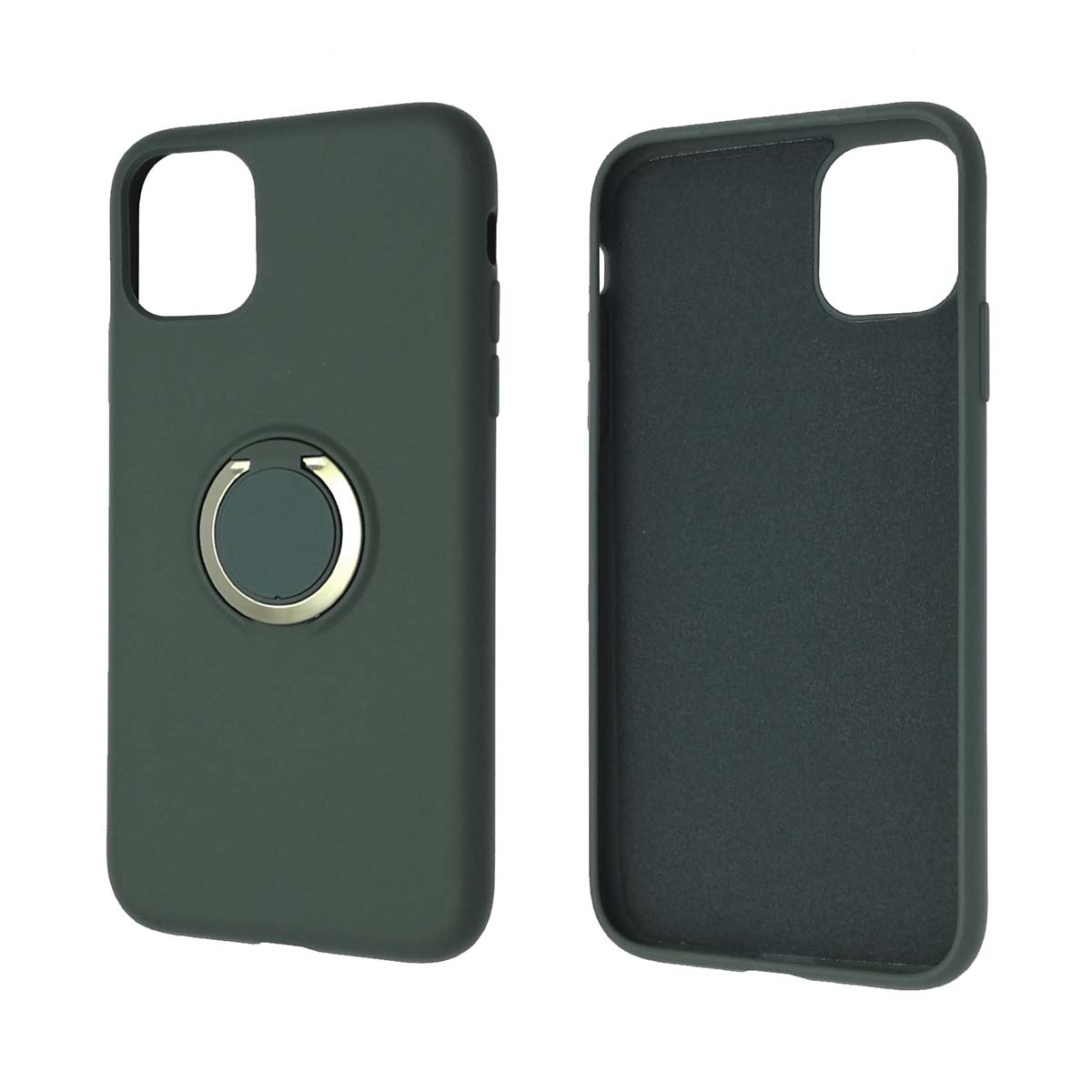 Чехол накладка RING для APPLE iPhone 11, силикон, кольцо держатель, цвет темно зеленый.