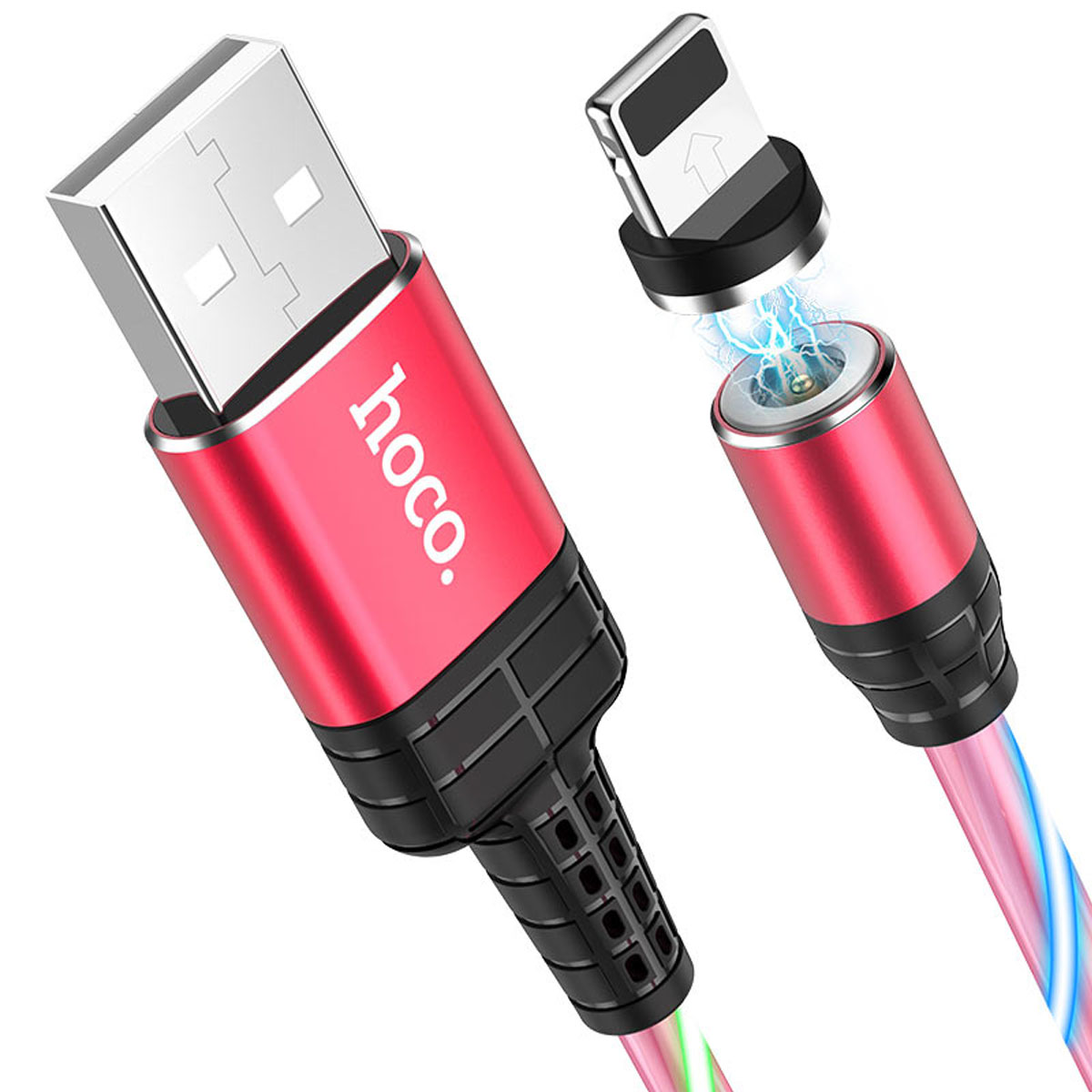 Магнитный зарядный кабель HOCO U90 APPLE Lightning 8 pin, LED подсветка, 2A, длина 1 метр, цвет красный