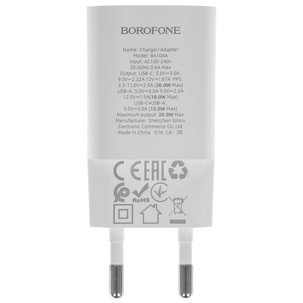 СЗУ (Сетевое зарядное устройство) BOROFONE BA104A, 20W, 1 USB A 18W, 1 USB Type C 20W, PD20W, QC3.0, цвет белый