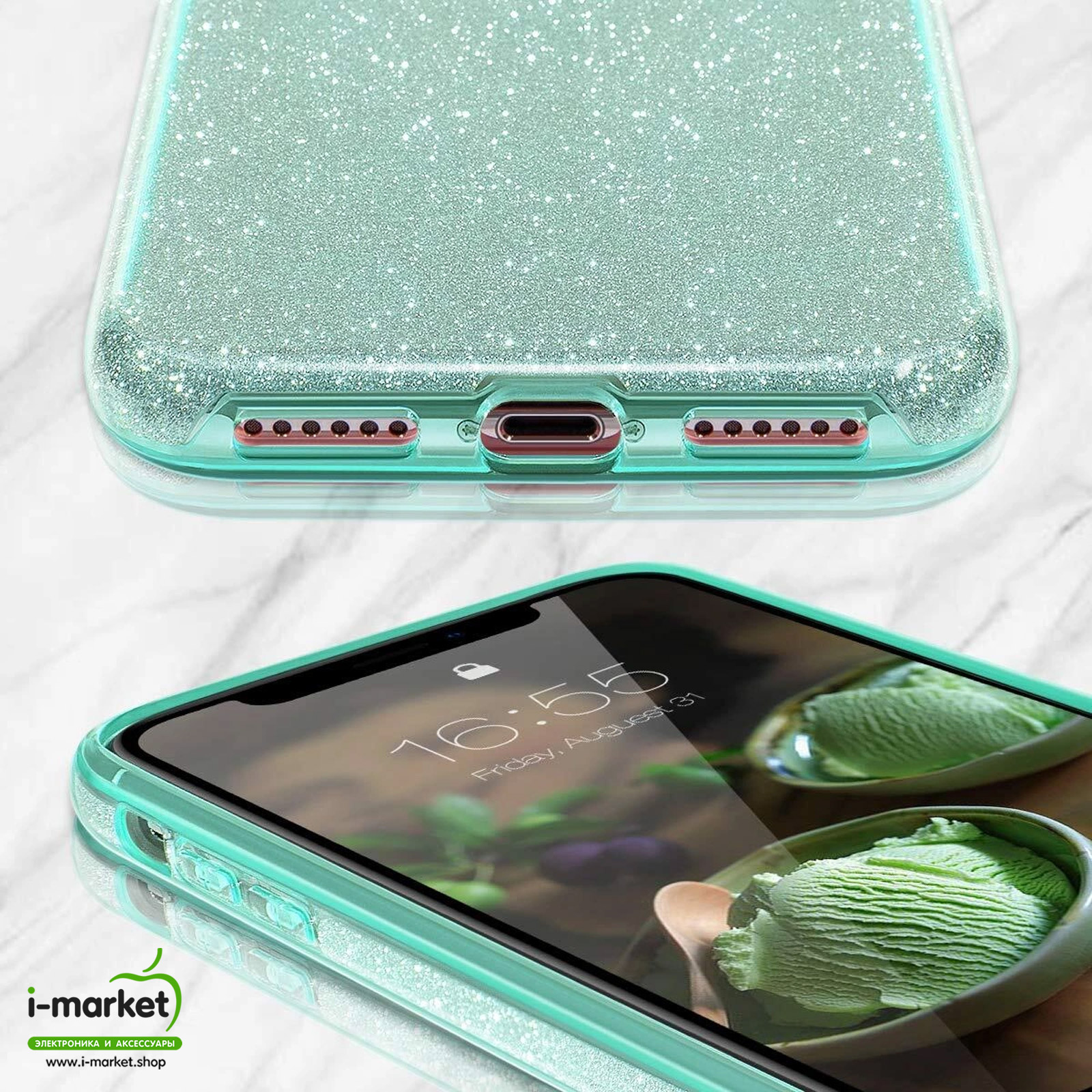 Чехол накладка Shine для APPLE iPhone X, iPhone XS, силикон, блестки, цвет бирюзовый