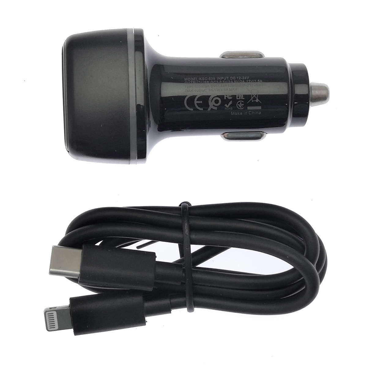 АЗУ (Автомобильное зарядное устройство) KAKU KSC-540 c кабелем USB Type C на APPLE Lightning 8 pin, 20W, длина 1 метр, цвет черный
