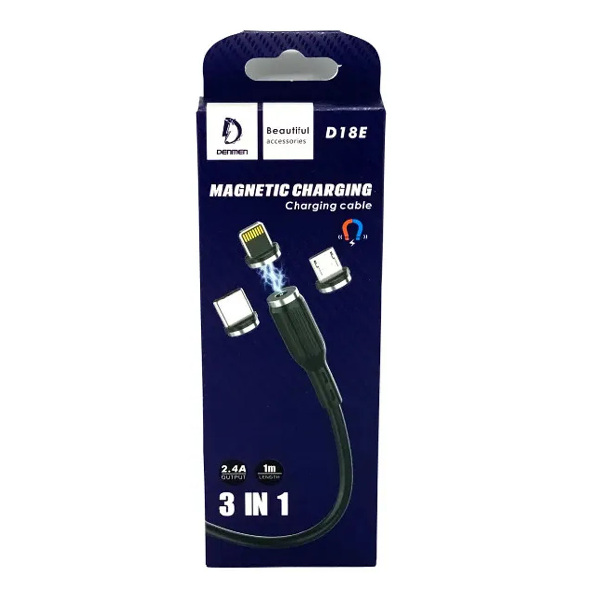 Магнитный зарядный кабель DENMEN D18E USB на USB Type C, Micro USB, Lightning 8 pin, 2.4A, длина 1 метр, цвет черный