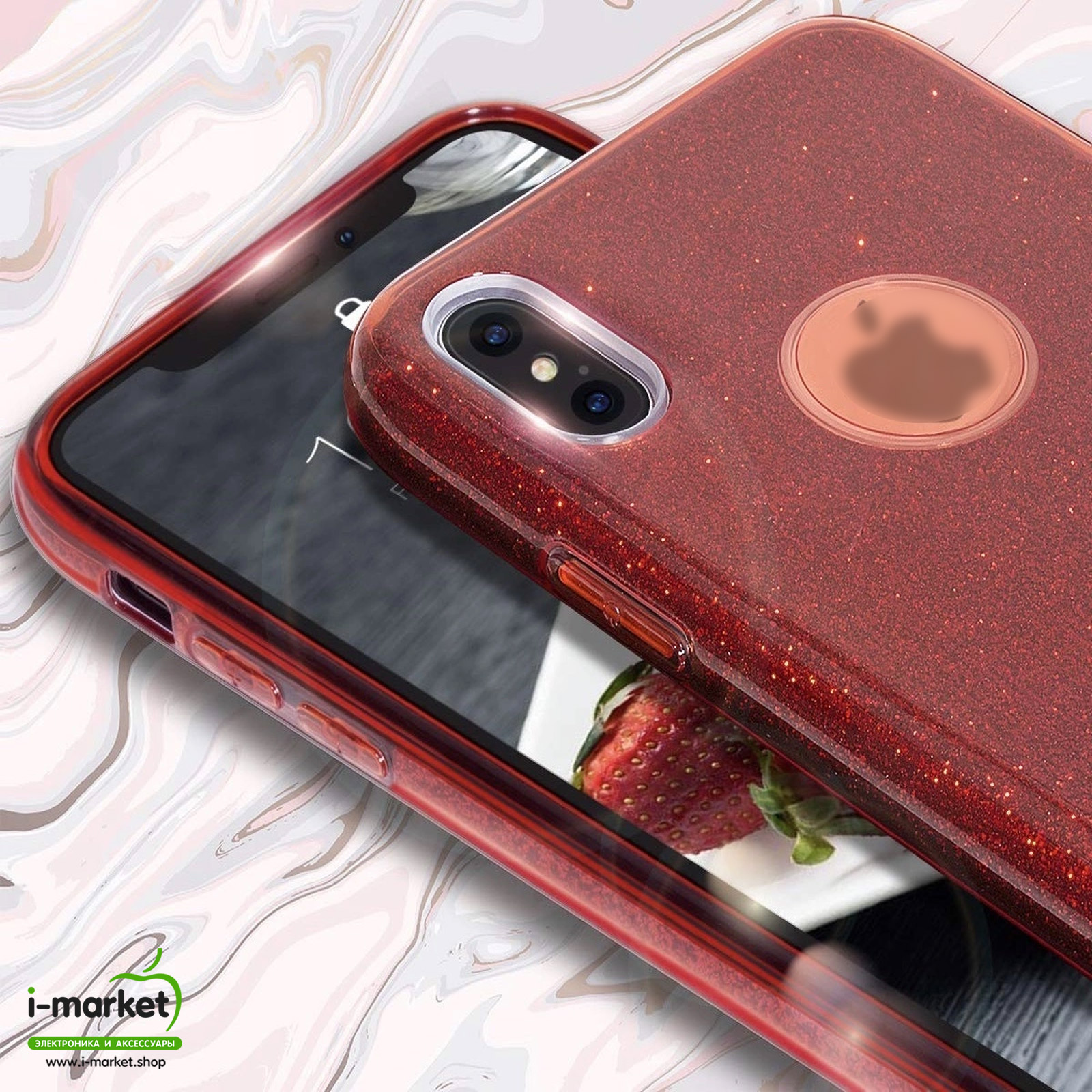 Чехол накладка Shine для APPLE iPhone X, iPhone XS, силикон, блестки, цвет красный