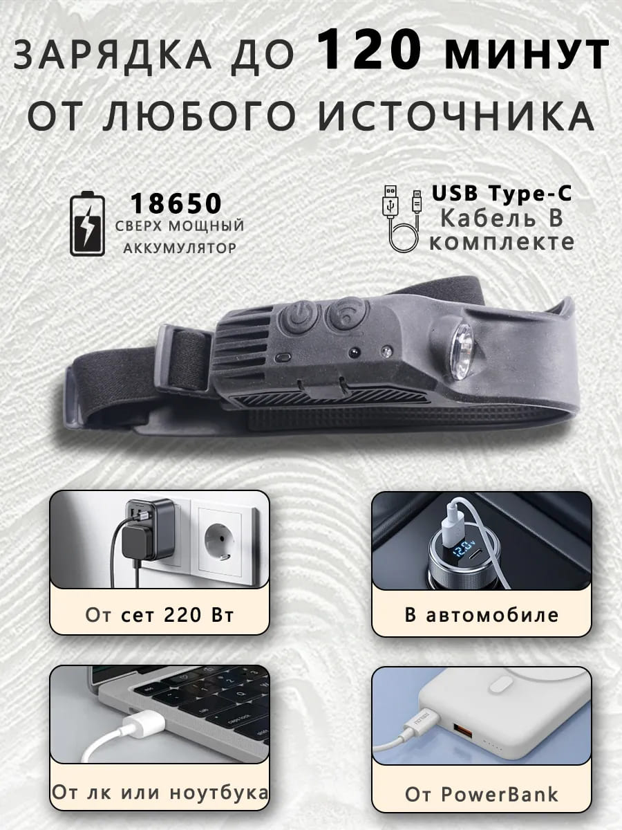 Фонарь W689-3 налобный аккумуляторный, светодиодный, управление жестами, угол освещения 270º, тип АКБ 18650 (1200mAh), разъем зарядки Type-c, цвет черный