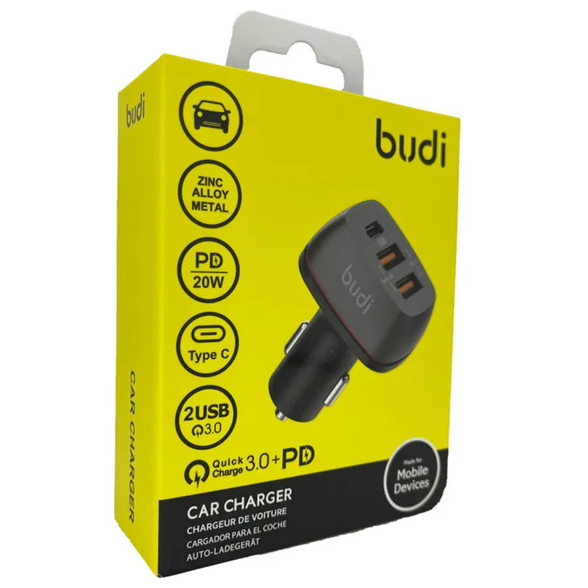 АЗУ (Автомобильное зарядное устройство) BUDI CC626TB, 20W, 1*USB Type C, 2*USB, цвет черный