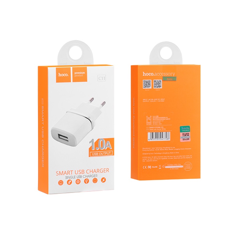 СЗУ (Сетевое зарядное устройство) HOCO C11 SMART, 1A, 1 USB, цвет белый