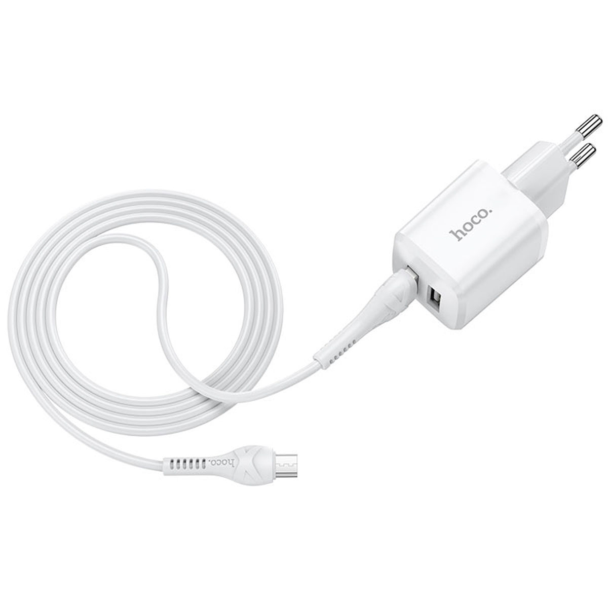 СЗУ (Сетевое зарядное устройство) HOCO N8 Briar с кабелем Micro USB, 2.4A, 2 USB, длина 1 метр, цвет белый