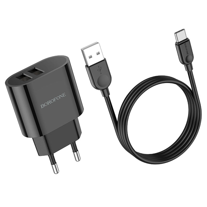 СЗУ (Сетевое зарядное устройство) BOROFONE BA63A Richy с кабелем USB Type C, 12W, 2.4A, длина 1 метр, цвет черный