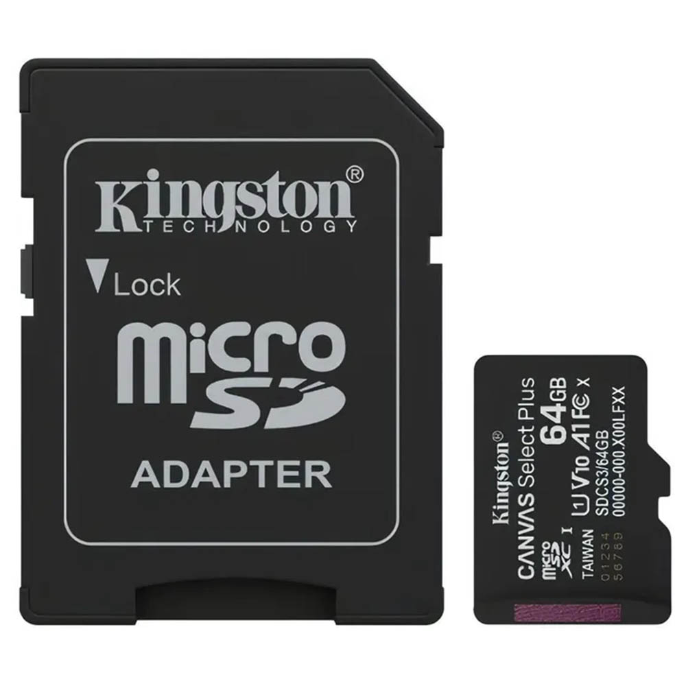 Карта памяти MicroSDXC 64GB KINGSTON CANVAS Select Plus (SDCS3/64GB) Class 10, 100MB/s, с адаптером