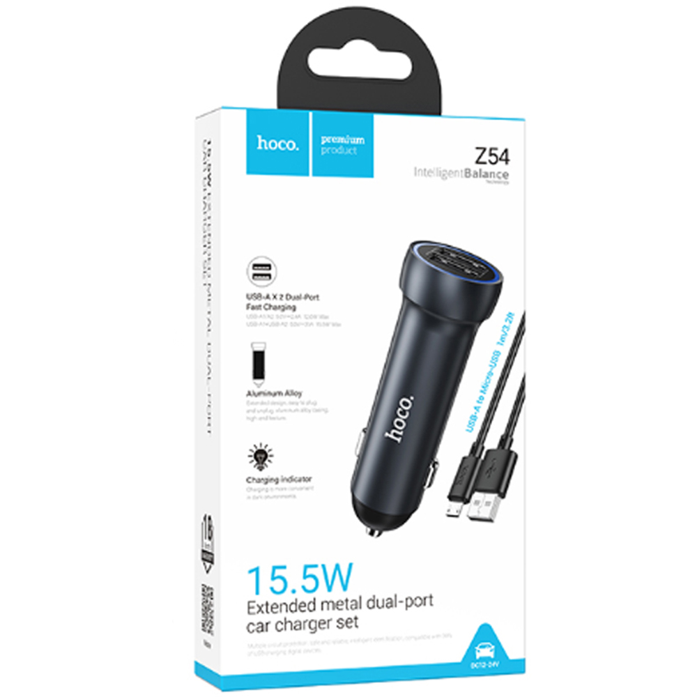 АЗУ (Автомобильное зарядное устройство) HOCO Z54 Prosperous с кабелем Micro USB, 15.5W, 2 USB, длина 1 метр, цвет темно серебристый