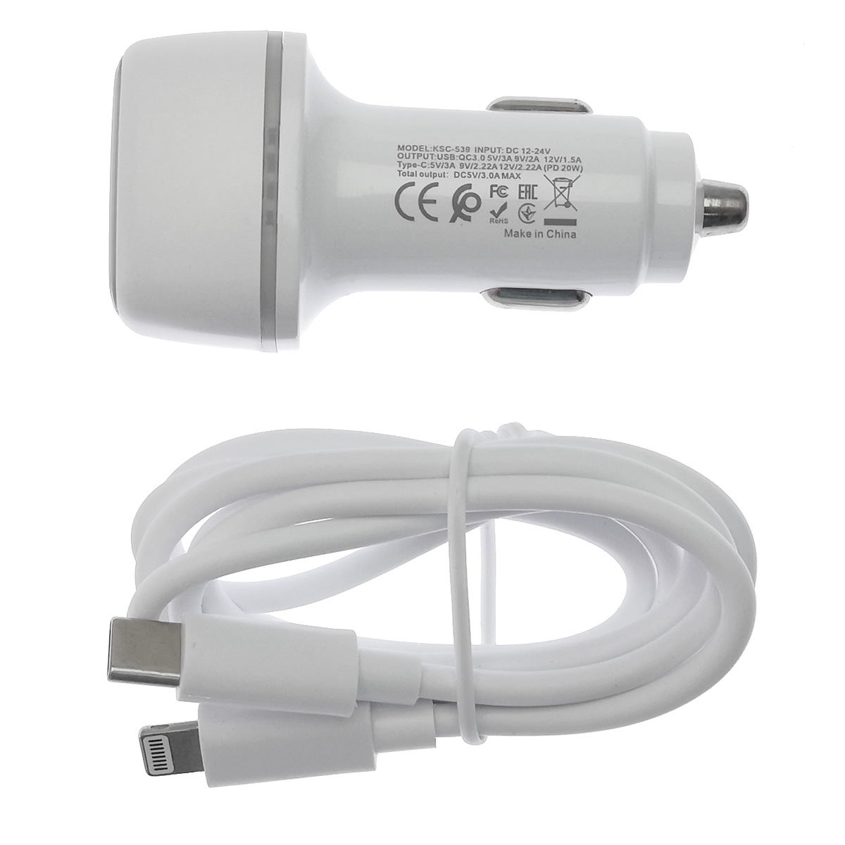 АЗУ (Автомобильное зарядное устройство) KAKU KSC-540 c кабелем USB Type C на APPLE Lightning 8 pin, 20W, длина 1 метр, цвет белый