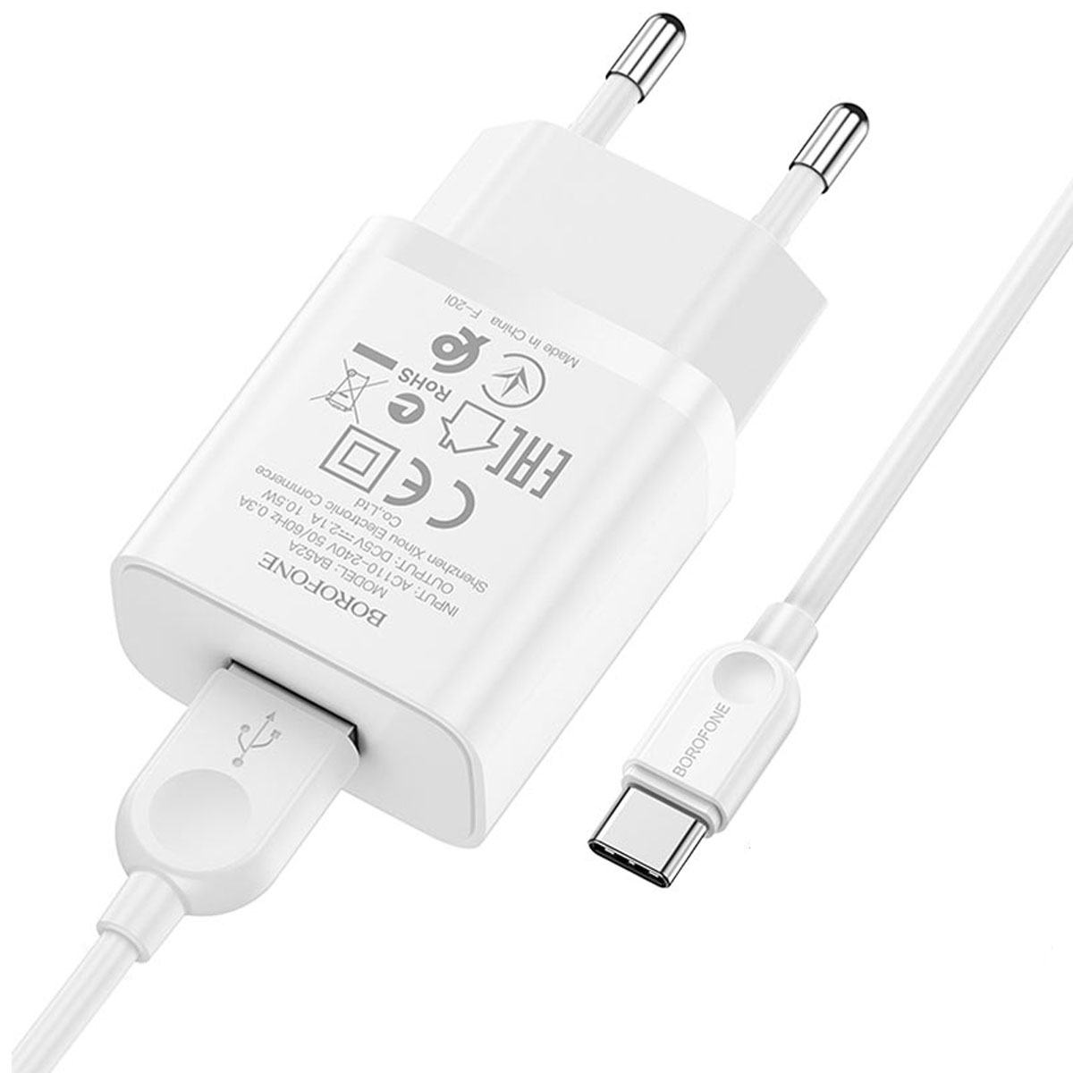 СЗУ (Сетевое зарядное устройство) BOROFONE BA52A Gamble с кабелем USB Type C, 2.1A, длина 1 метр, цвет белый