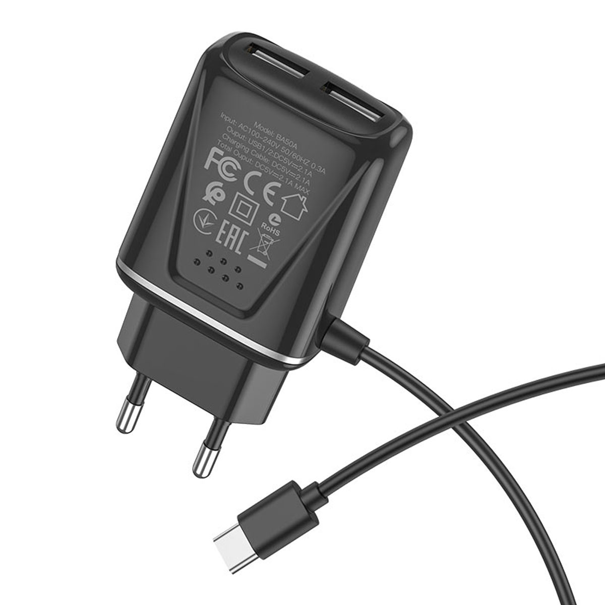 СЗУ (Сетевое зарядное устройство) BOROFONE BA50A Beneficence со встроенным кабелем USB Type C, 2.1A, 2 USB, длина 1 метр, цвет белый