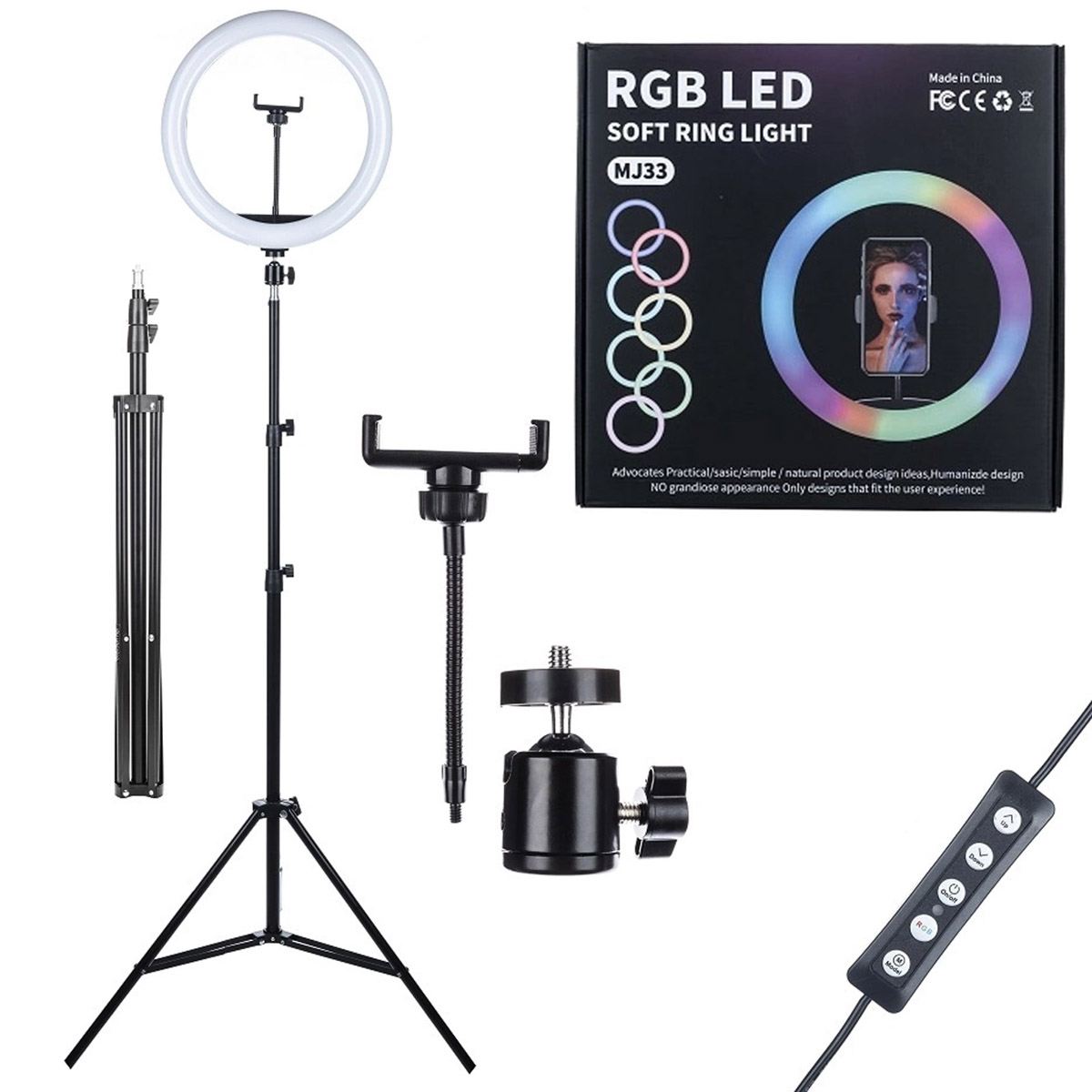 Цветная RGB кольцевая светодиодная лампа MJ33 - 33 см, со штативом 2.1 м
