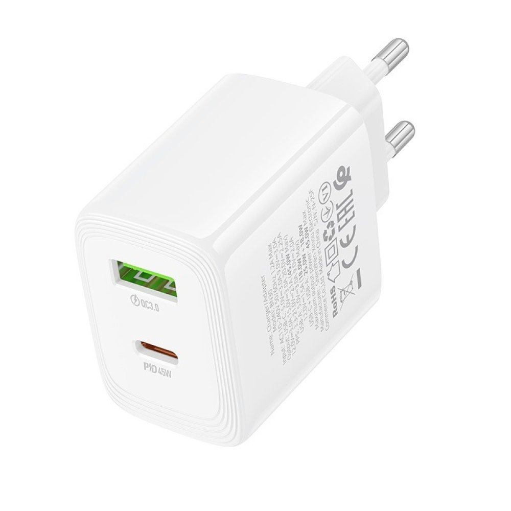 СЗУ (Сетевое зарядное устройство) BOROFONE BN30, GaN, 45W USB-C PD, 18W USB-A, PD/QC/FCC/AFC, цвет белый
