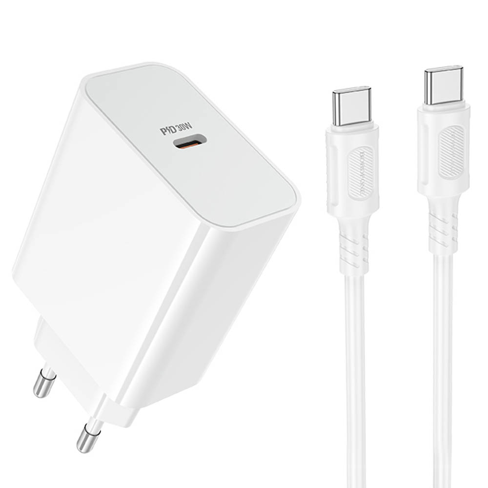 СЗУ (Сетевое зарядное устройство) BOROFONE BA107A с кабелем Type-C - Type-C, 30W, 1 USB Type C, PD30W, QC3.0, длина 1 метр, цвет белый