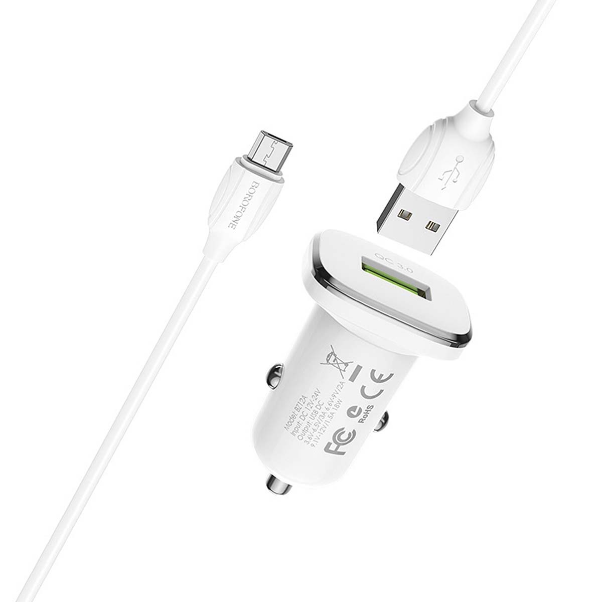 АЗУ (автомобильное зарядное устройство) с кабелем Micro USB BOROFONE BZ12A Lasting power QC3.0, длиной 1 метр, цвет белый