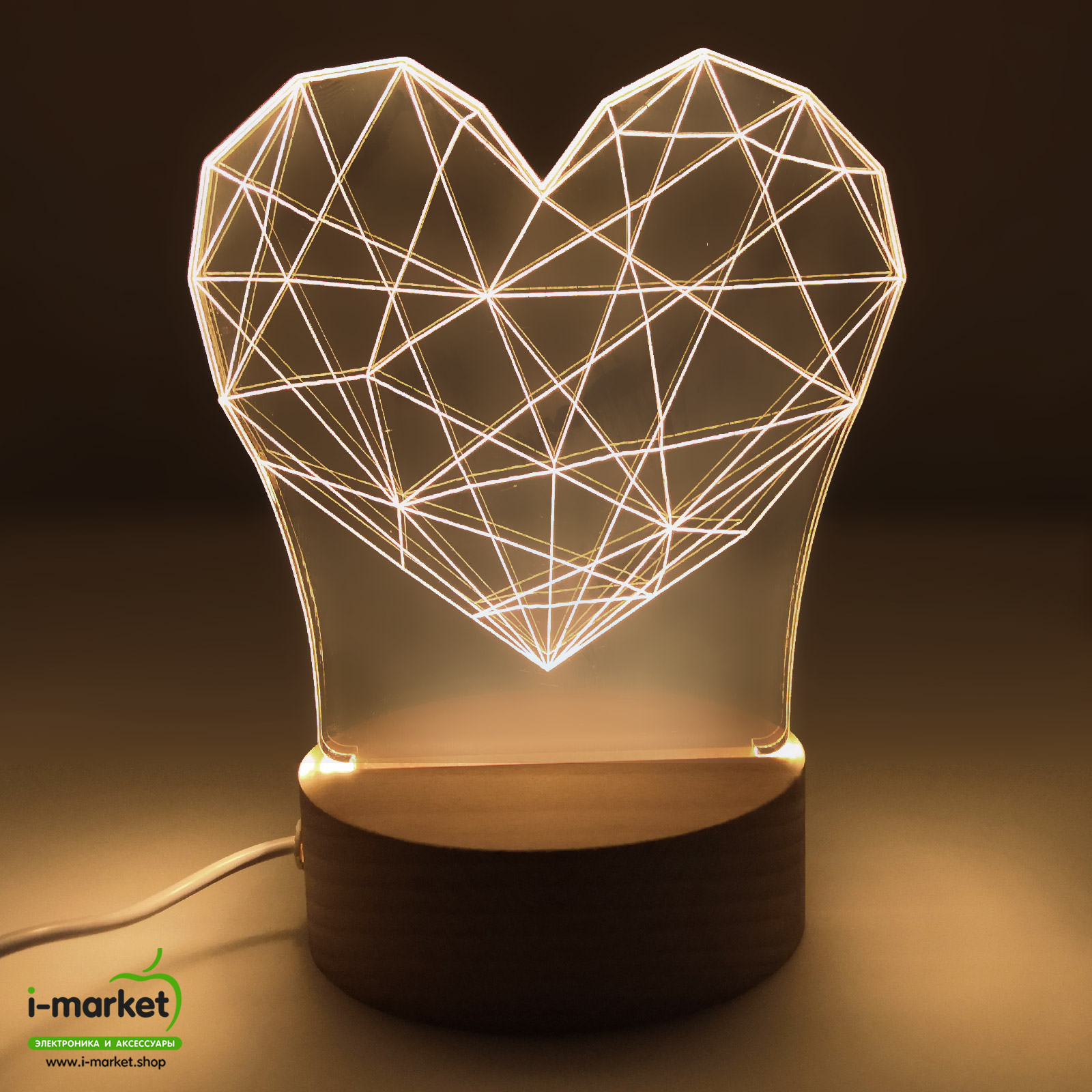 Лампа ночник GLASS, 3D эффект, рисунок Сердце