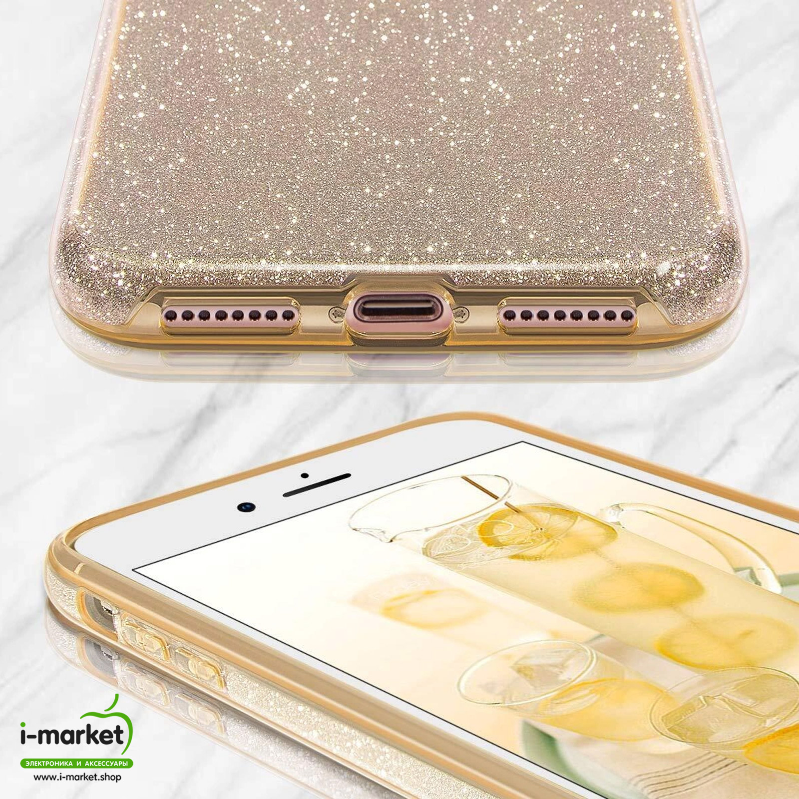 Чехол накладка Shine для APPLE iPhone 7 Plus, iPhone 8 Plus, силикон, блестки, цвет золотистый