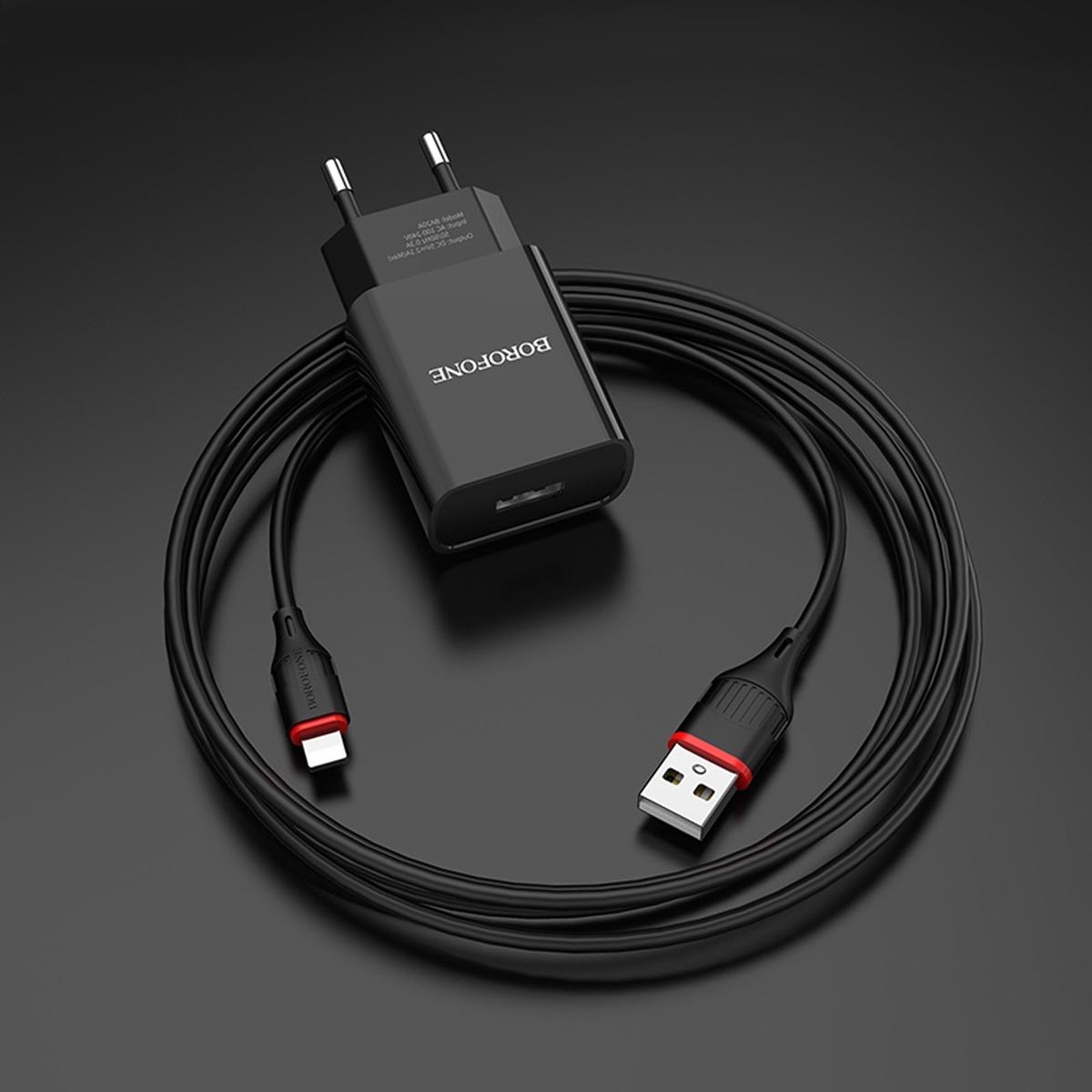 СЗУ (Сетевое зарядное устройство) BOROFONE BA20A Sharp с кабелем Lightning 8 pin, 2.1А, длина 1 метр, цвет черный