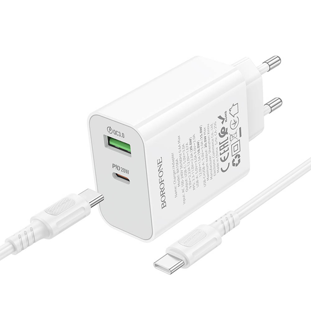 СЗУ (Сетевое зарядное устройство) c кабелем Type C на Type C BOROFONE BA106A Stellar, 20W, 1 USB A 18W, 1 USB Type C 20W, PD20W, QC3.0, цвет белый