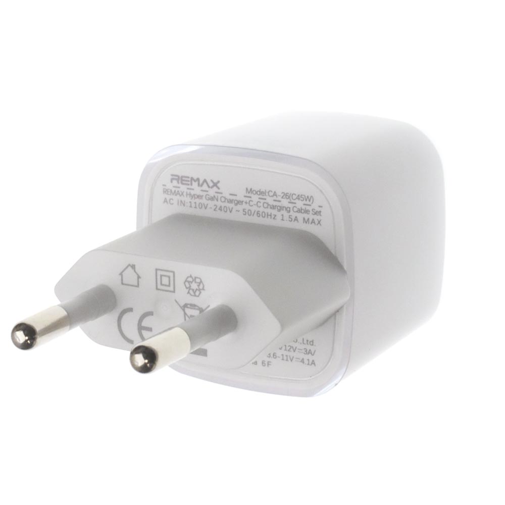 СЗУ (Сетевое зарядное устройство) REMAX GaN CA-26 (C45W) с кабелем USB Type C на USB Type C, 45W, 1 USB Type C, длина 1.2 метра, цвет белый