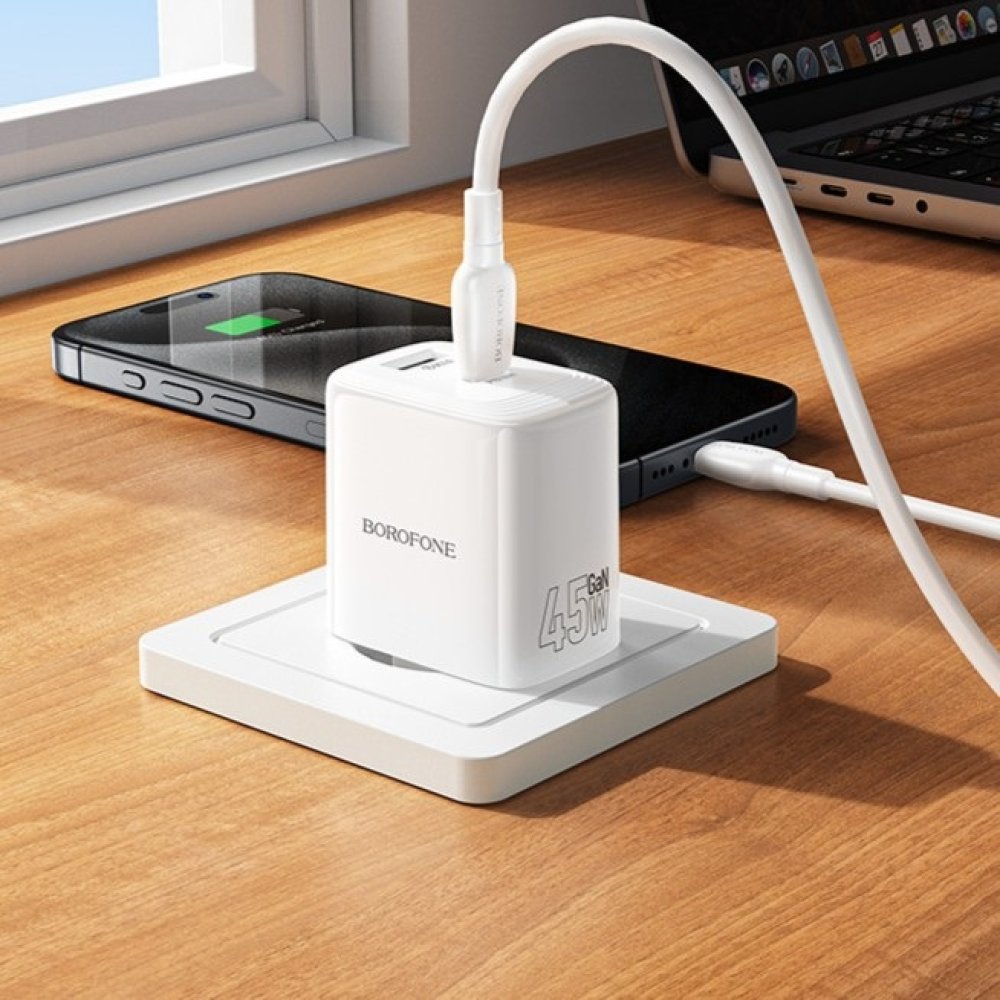 СЗУ (Сетевое зарядное устройство) BOROFONE BN30, GaN, 45W USB-C PD, 18W USB-A, PD/QC/FCC/AFC, цвет белый