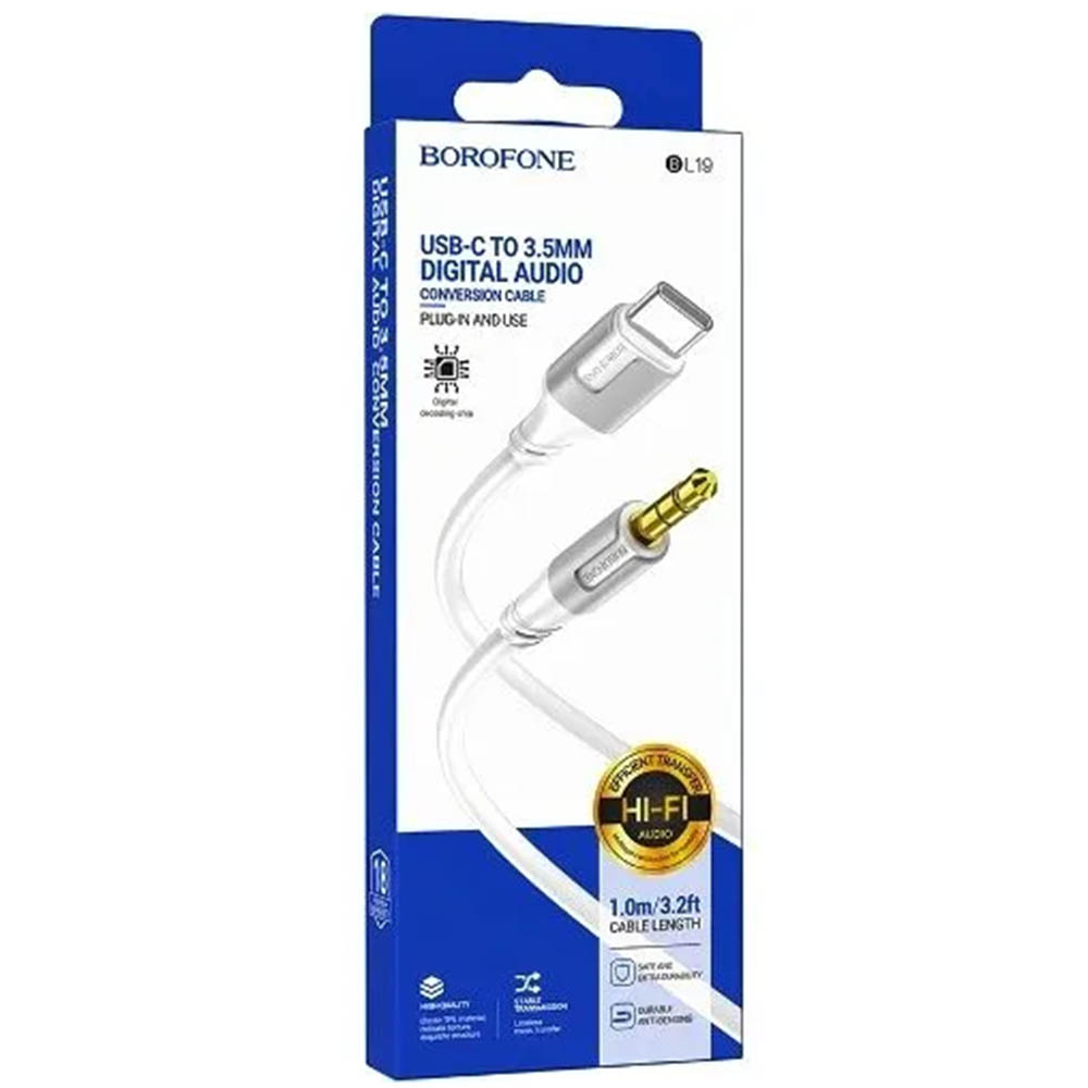 Аудио кабель, переходник BOROFONE BL19 AUX (Jack 3.5 мм) на USB Type C, длина 1 метр, цвет белый