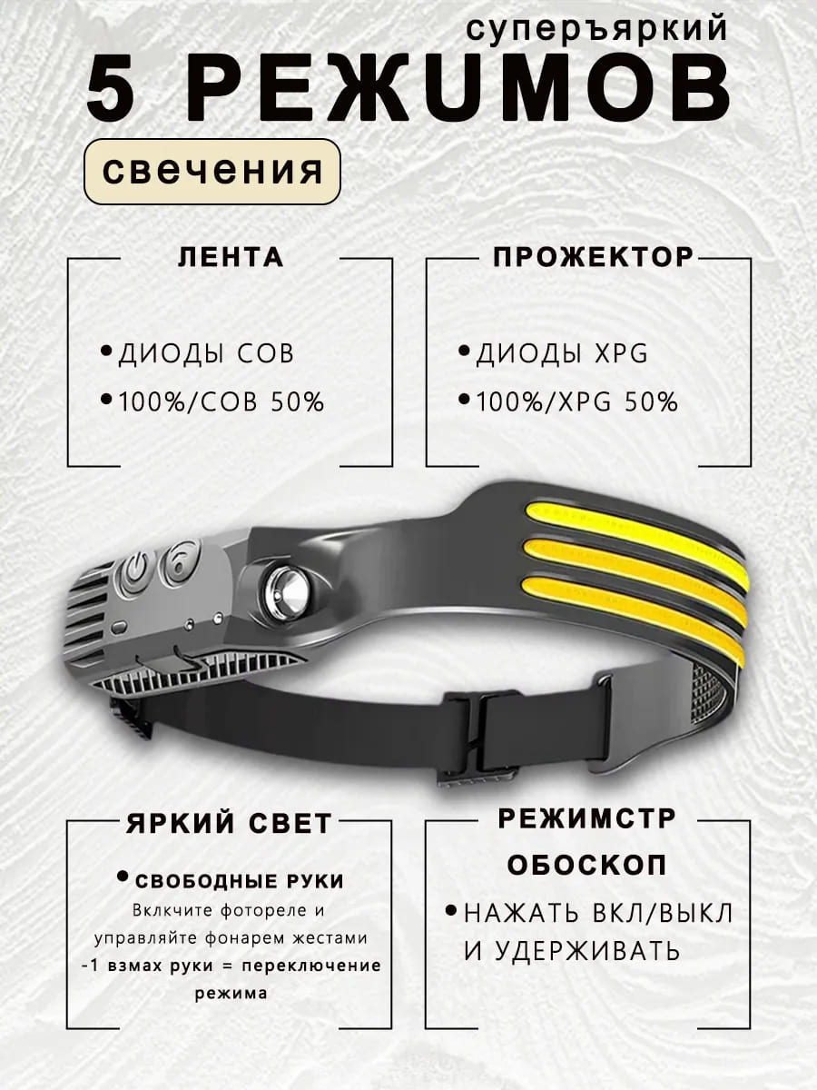 Фонарь W689-3 налобный аккумуляторный, светодиодный, управление жестами, угол освещения 270º, тип АКБ 18650 (1200mAh), разъем зарядки Type-c, цвет черный