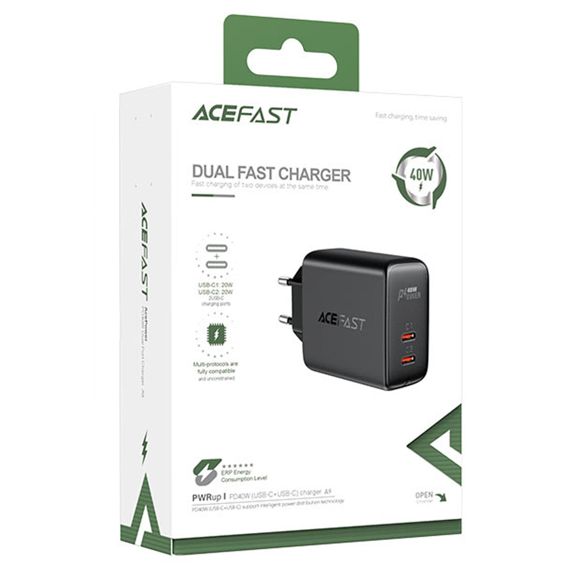 СЗУ (Сетевое зарядное устройство) ACEFAST A9, 40W, 2 USB Type C, цвет черный