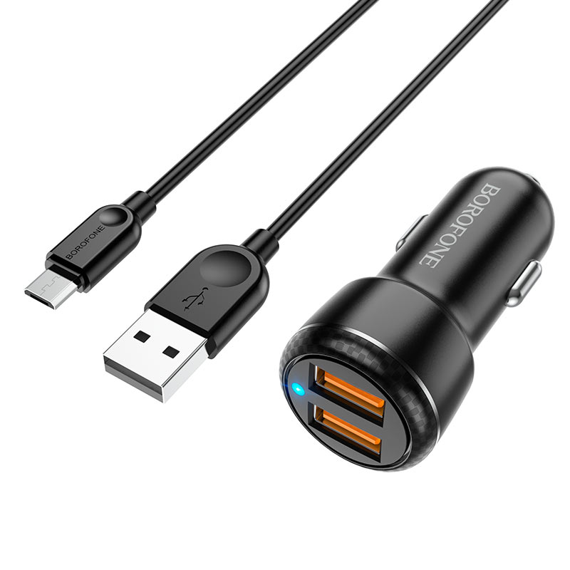 АЗУ (Автомобильное зарядное устройство) BOROFONE BZ17 с кабелем Micro USB, 3А, 18W, 2 USB, длина 1 метр, цвет черный