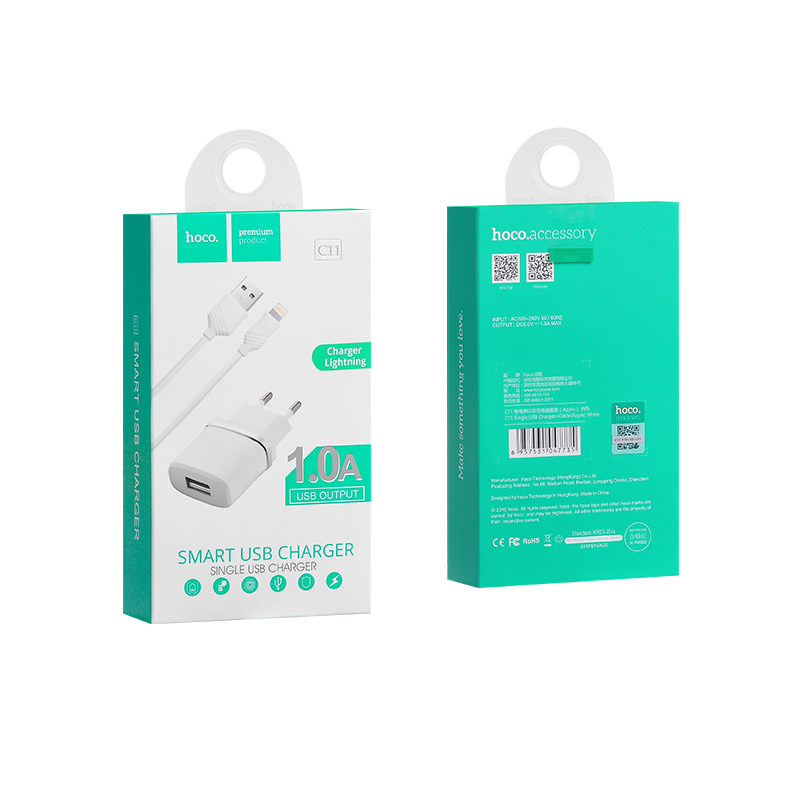 СЗУ (Сетевое зарядное устройство) HOCO C11 Single с кабелем Lightning 8 pin, 1A, 1 USB, длина 1 метр, цвет белый