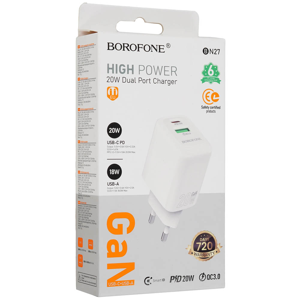 СЗУ (Сетевое зарядное устройство) BOROFONE BN27 Fuente, 20W, 3A, GaN, 1 USB, QC3.0, 1 TYPE-C, PD20W, цвет белый