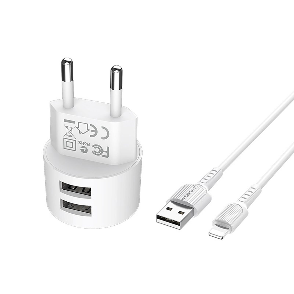 BOROFONE BA23A Brilliant, сетевое зарядное устройство с двумя USB портами и с кабелем USB Type C, цвет белый