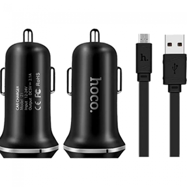 HOCO Z1 АЗУ (автомобильное зарядное устройство) 2 USB порта + Дата-кабель Micro USB, длина 1 метр, чёрного цвета.