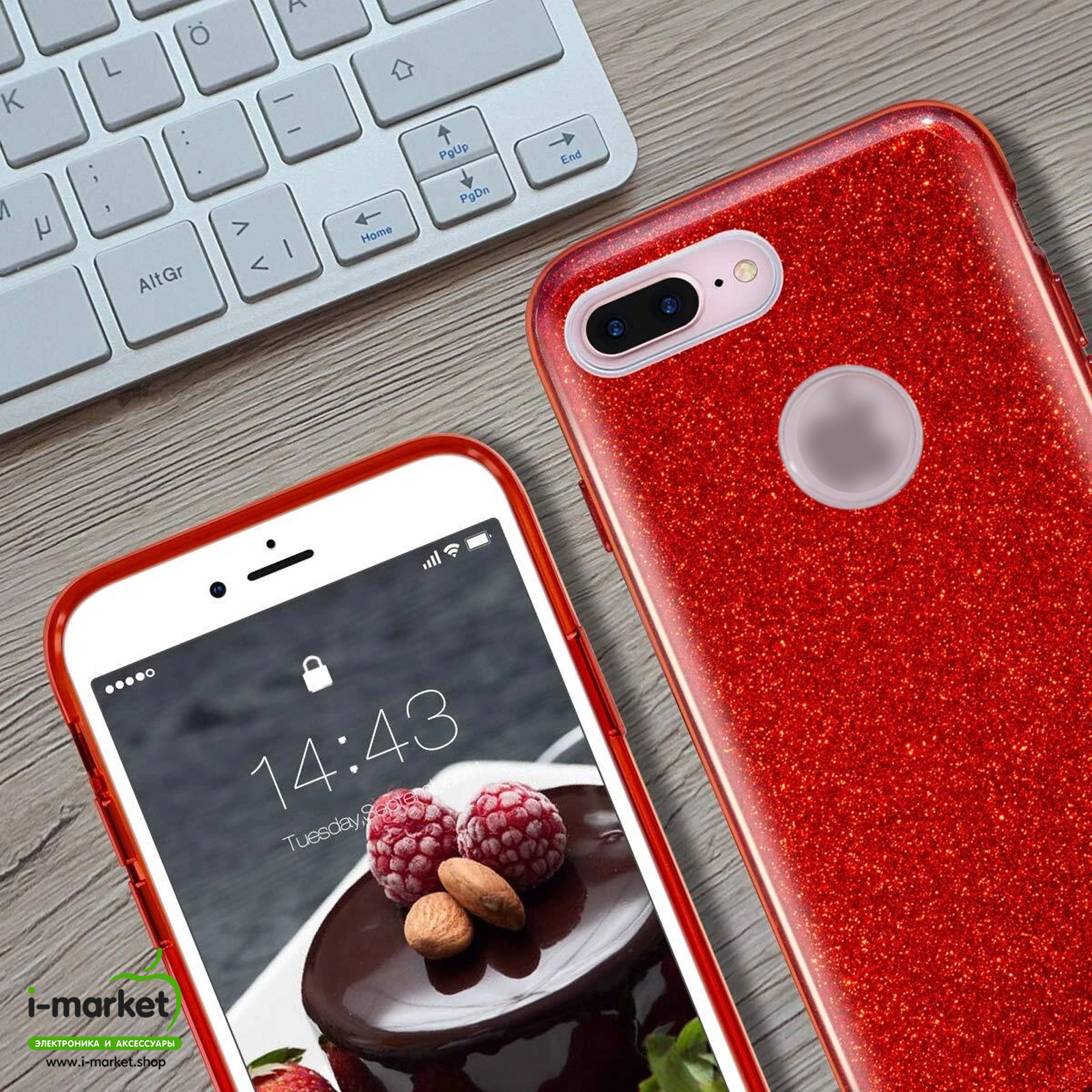 Чехол накладка Shine для APPLE iPhone 7 Plus, iPhone 8 Plus, силикон, блестки, цвет красный