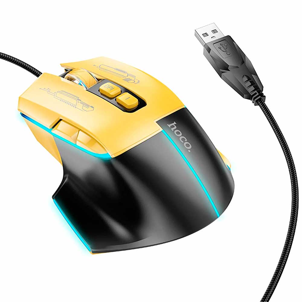 Мышь игровая HOCO GM31 Overlord проводная, оптическая, 3600 DPI, RGB подсветка, цвет черно желтый