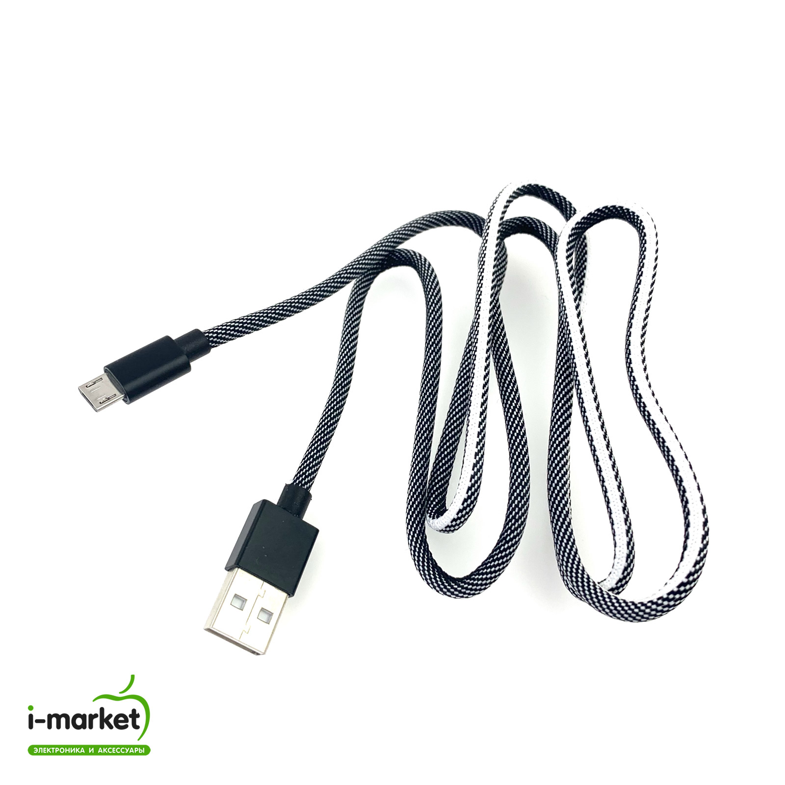 USB Дата кабель Micro USB, длина 1 метр, тканевое армирование, цвет бело черный