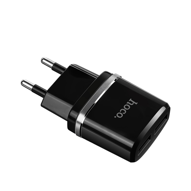 HOCO C12 Smart СЗУ (Сетевое зарядное устройство) с двумя портами USB с EU вилкой, цвет черный