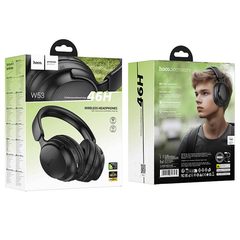 Гарнитура (наушники с микрофоном) беспроводная, полноразмерная, HOCO W53, цвет черный