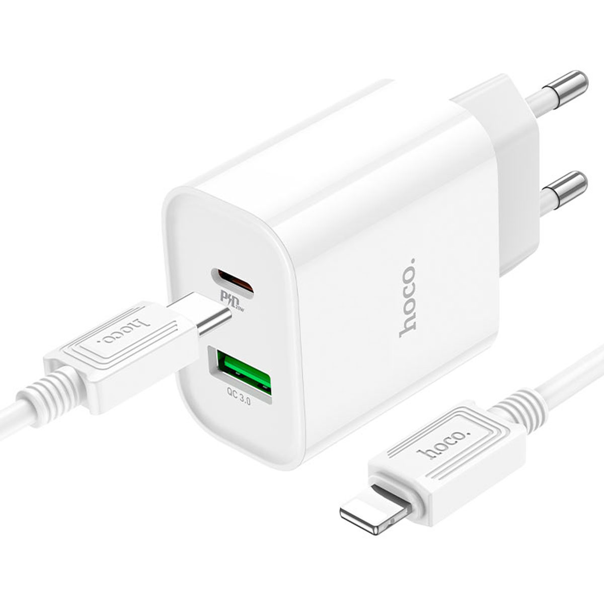 СЗУ (Сетевое зарядное устройство) HOCO C80A Plus Rapido с кабелем USB Type C на Lightning 8 pin, 20W, 1 USB Type C, 1 USB, QC3.0, PD20W, длина 1 метр, цвет белый