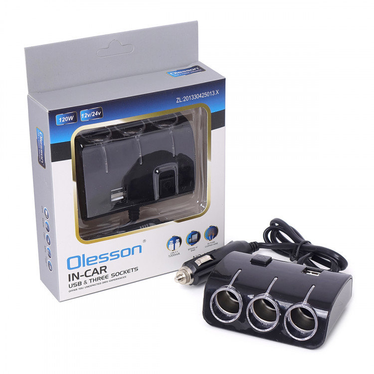 Автомобильный разветвитель OLESSON 1506, 120W, 12/24V, 3 выхода, 2 USB входа, кнопка выключения, цвет черный