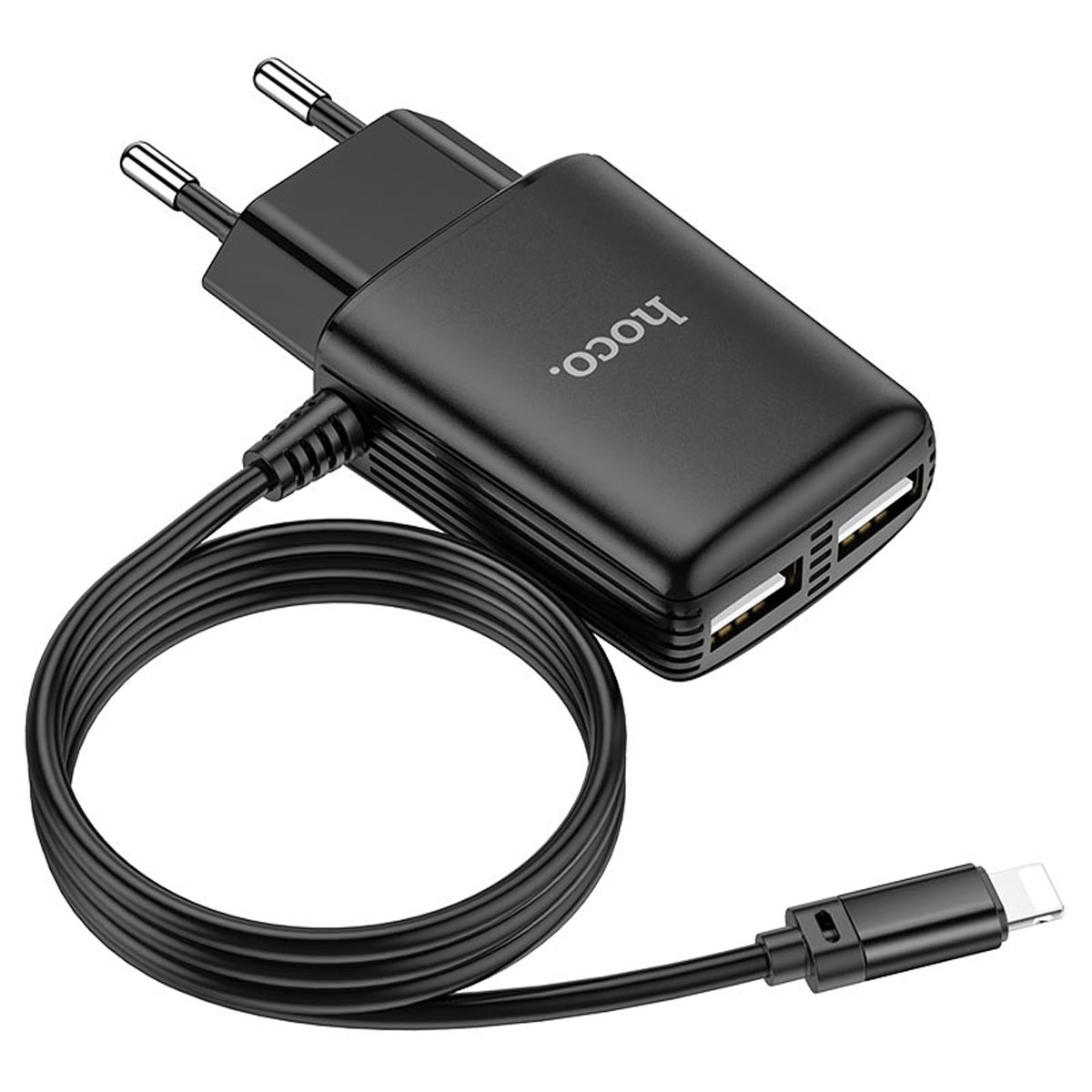 СЗУ (Сетевое зарядное устройство) HOCO C82A Real power со встроенным кабелем Lightning 8 pin, 2.4A, 2 USB, длина 1 метр, цвет черный