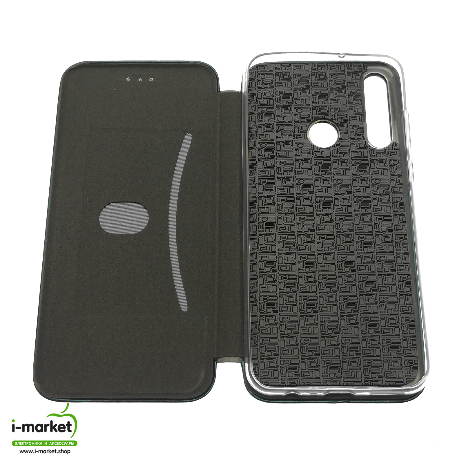 Чехол книжка STYLISH для HUAWEI Y6P (MED-LX9N), экокожа, визитница, цвет темно зеленый.