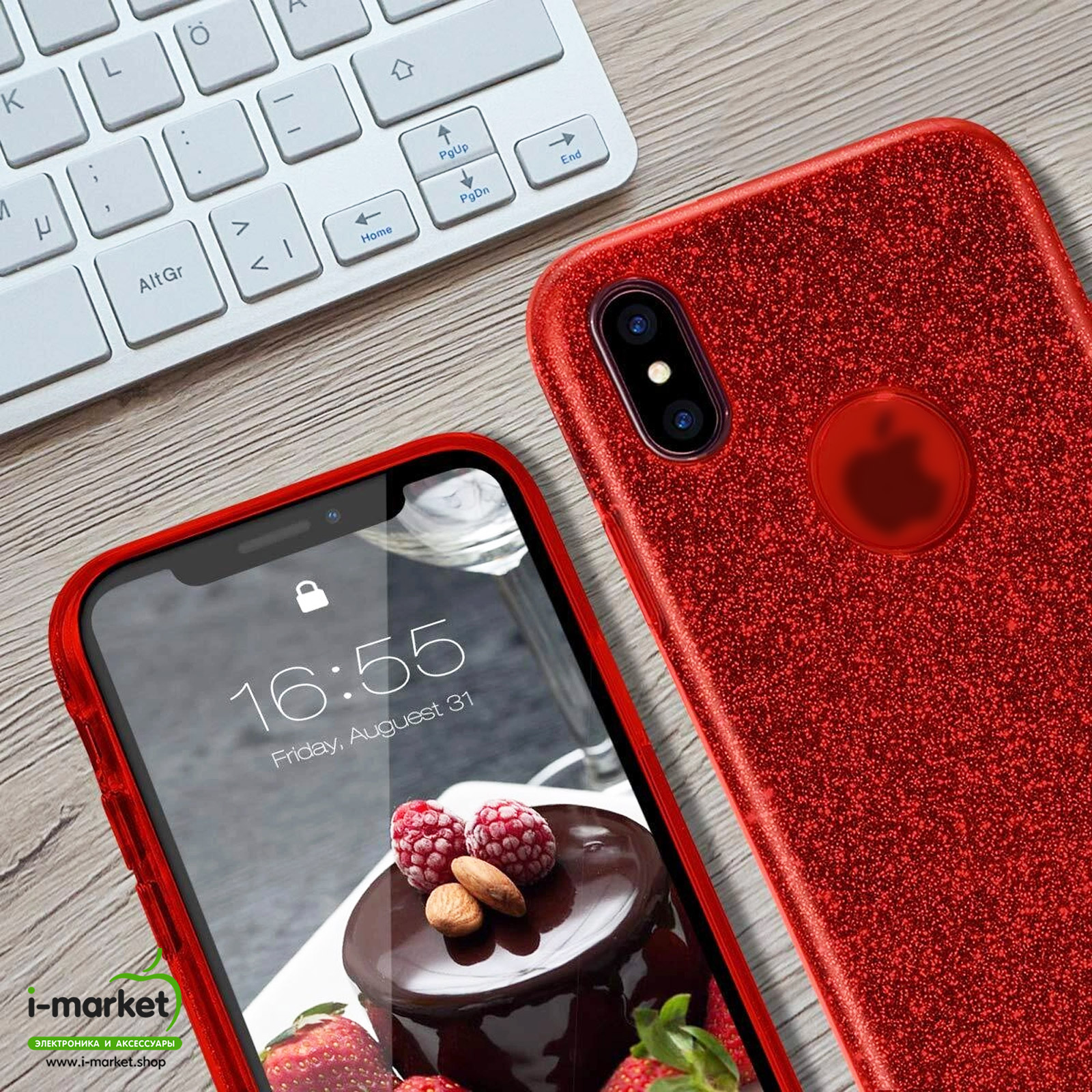 Чехол накладка Shine для APPLE iPhone X, iPhone XS, силикон, блестки, цвет красный