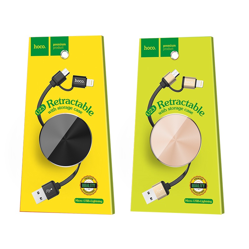HOCO U23 USB дата-кабель рулетка 2 в 1 Micro-USB + Lightning 8 pin, цвет чёрный.